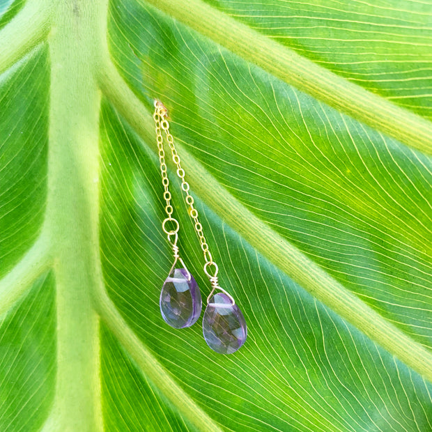 Natural Amethyst Faceted Drops Silver 925 18K Gold  Earrings Long Chain 