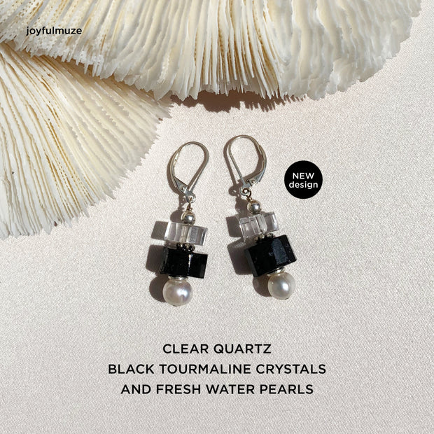Black Tourmaline Earrings with Clear Quartz Freshwater Pearls
