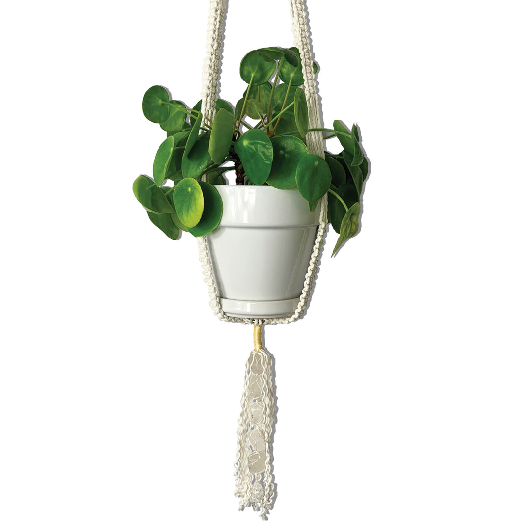 macrame plant hanger with crystals Joyfulmuze Macrame White Crystal Planters Indoor, Plant Hangers for Wall and Ceiling, 5 Natural Clear Quarts Stones, Bohemian Apartment Craft, Gift for Her, Bedroom Office and Home Decoration, XL 1pc – joyfulmuze