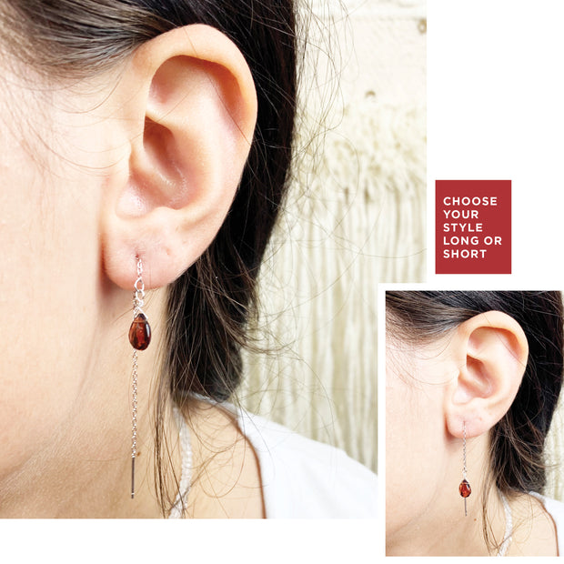 Red Garnet long threader earrings sterling silver