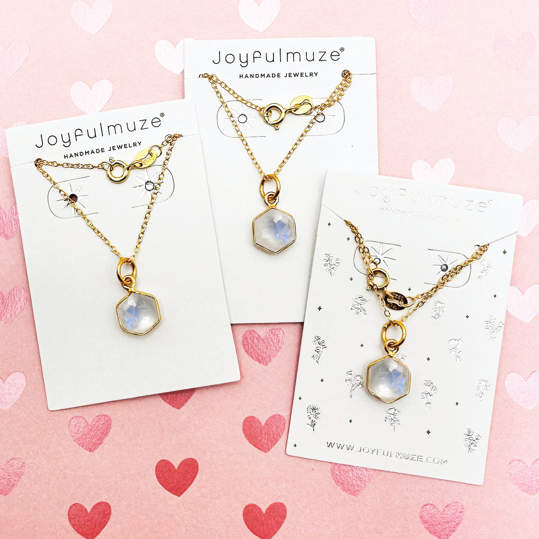Joyfulmuze 925 Sterling Silver 18K Gold Plated Natural Moonstone Necklace - 14mm White Iridescent Round Gemstone Pendant, June Gemini Birthstone Birthday Present - Unique Handmade Artisan Jewelry, Modern Style Gift for Women