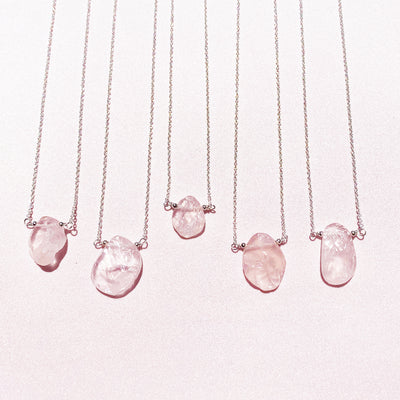 5 raw rose quartz necklaces