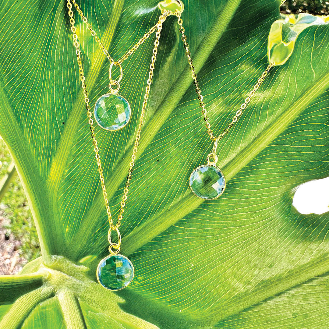 london blue topaz necklace on a leaf